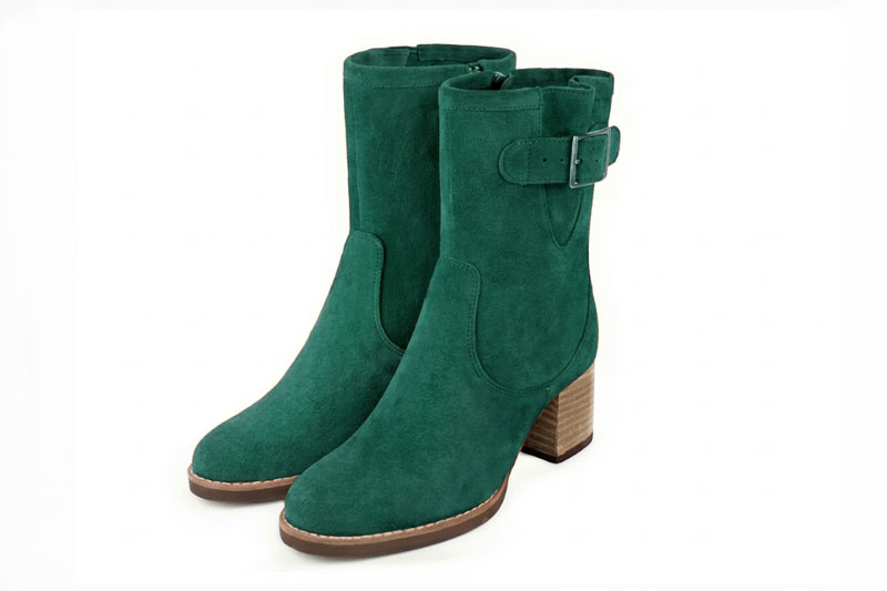 Classic leather ankle boots featuring adjustable side buckles and sleek hardware for secure support and timeless everyday style, in emerald green leather with round toe and mid block heel